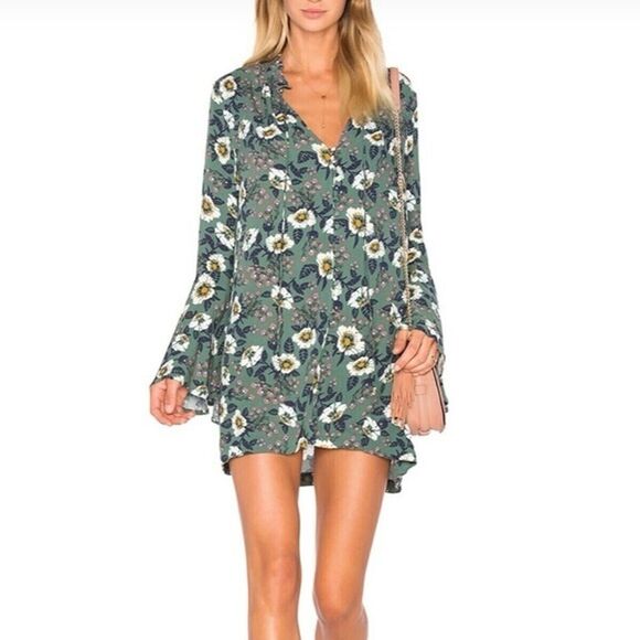 Free People Magic Mystery Size XS Boho Green Floral Mini Tunic Dress Bell Sleeve - Picture 2 of 16